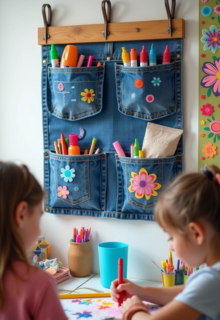 18 Genius Recycled Crafts for Kids That Will Inspire Eco-Friendly Fun (Don’t Miss #11!) - 6. Denim Pocket Organizers