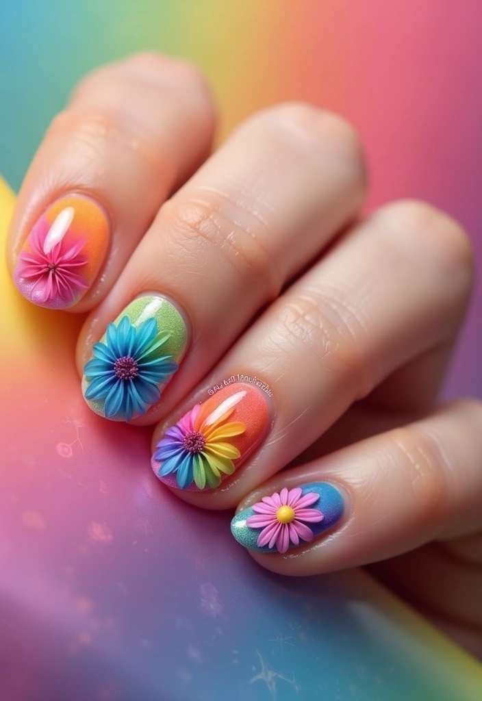 15 Gorgeous Floral Spring Nails to Bloom Your Nail Game (You Won't Believe #9!) - 9. Radiant Rainbow Blooms (You Won't Believe This One!)