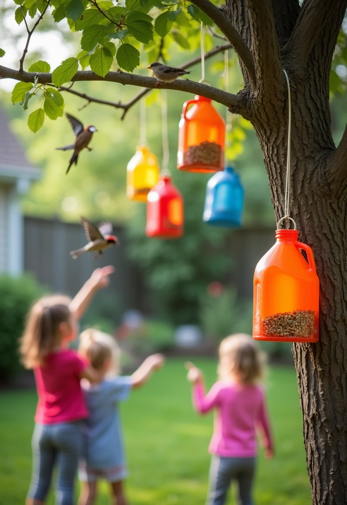 18 Genius Recycled Crafts for Kids That Will Inspire Eco-Friendly Fun (Don’t Miss #11!) - 9. Milk Jug Bird Feeders