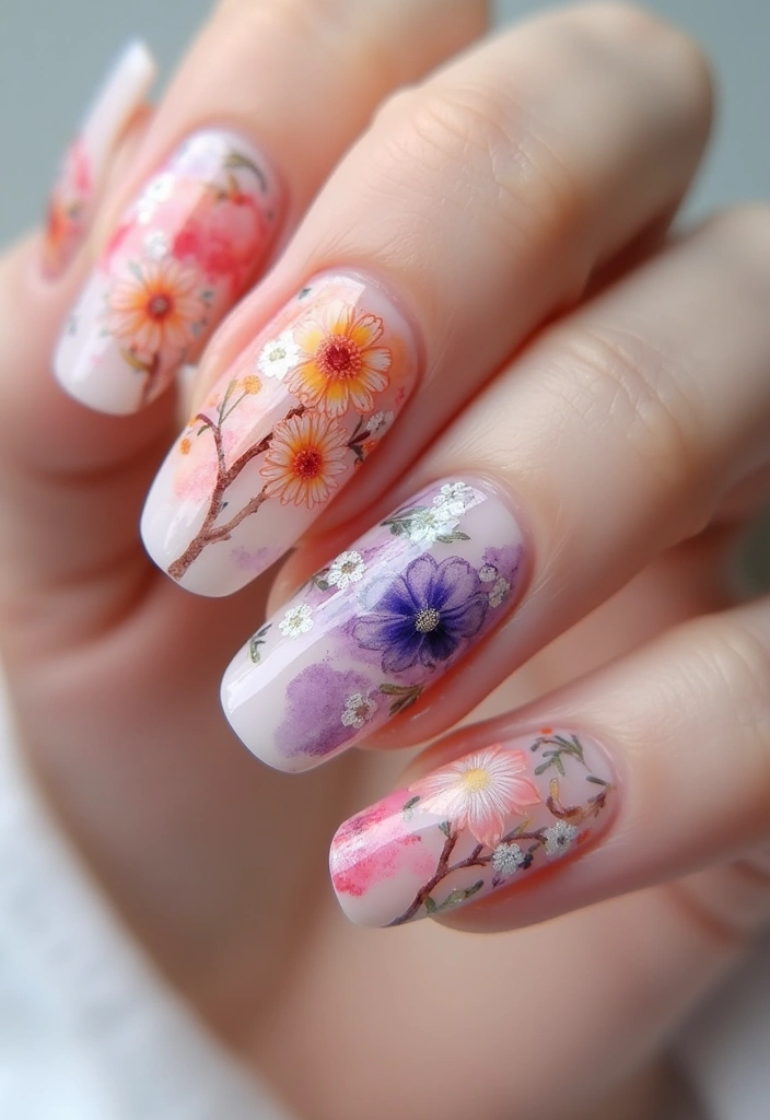 15 Gorgeous Floral Spring Nails to Bloom Your Nail Game (You Won't Believe #9!) - 12. Artistic Floral Watercolor